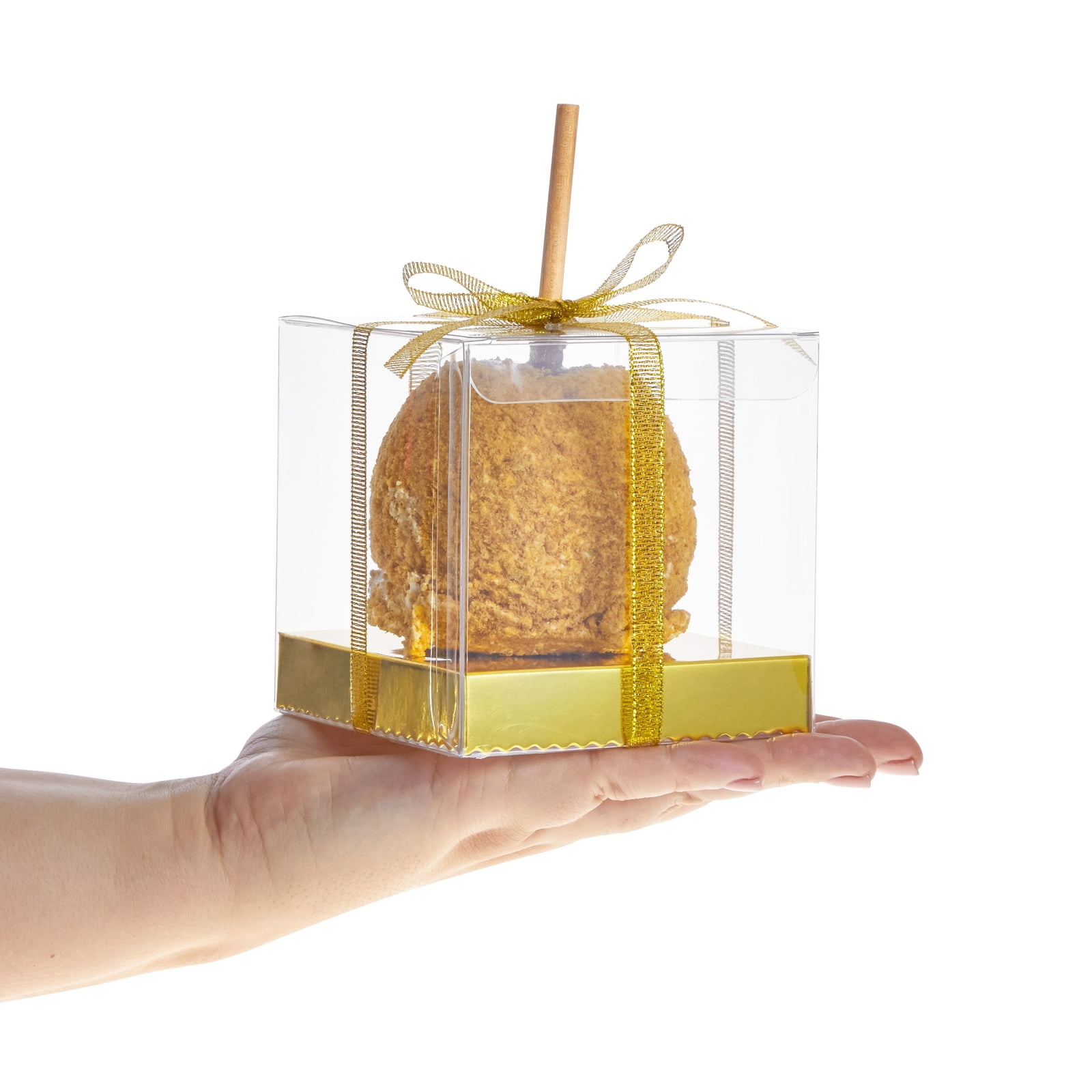 20 Pack Gold Clear Candy Apple Boxes with Base 4x4x4 with Hole