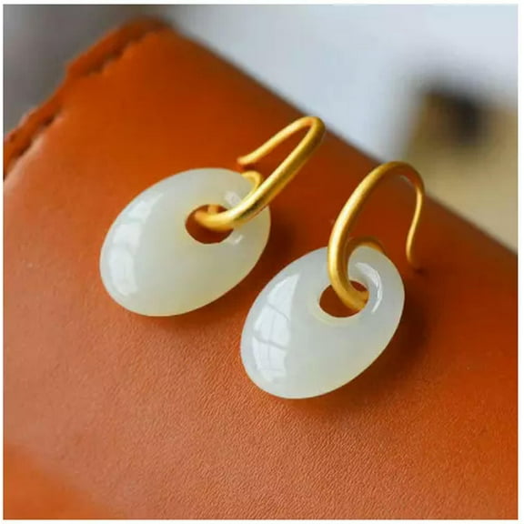 K-KED Women White Jade Donut Earrings for Amulets 92.5% Silver Stone Delicate Jewelry Natural