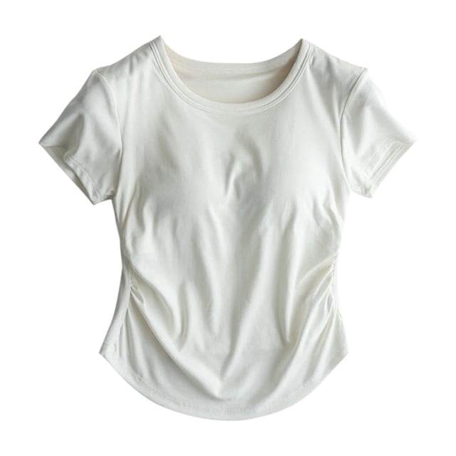 JGGSPWM T-Shirts d'Été pour Femmes Col Rond Manches Courtes Plissés Raccourcis avec Coussin de Poitrine Mode Unie Blouses d'Entraînement Tops Blanc L