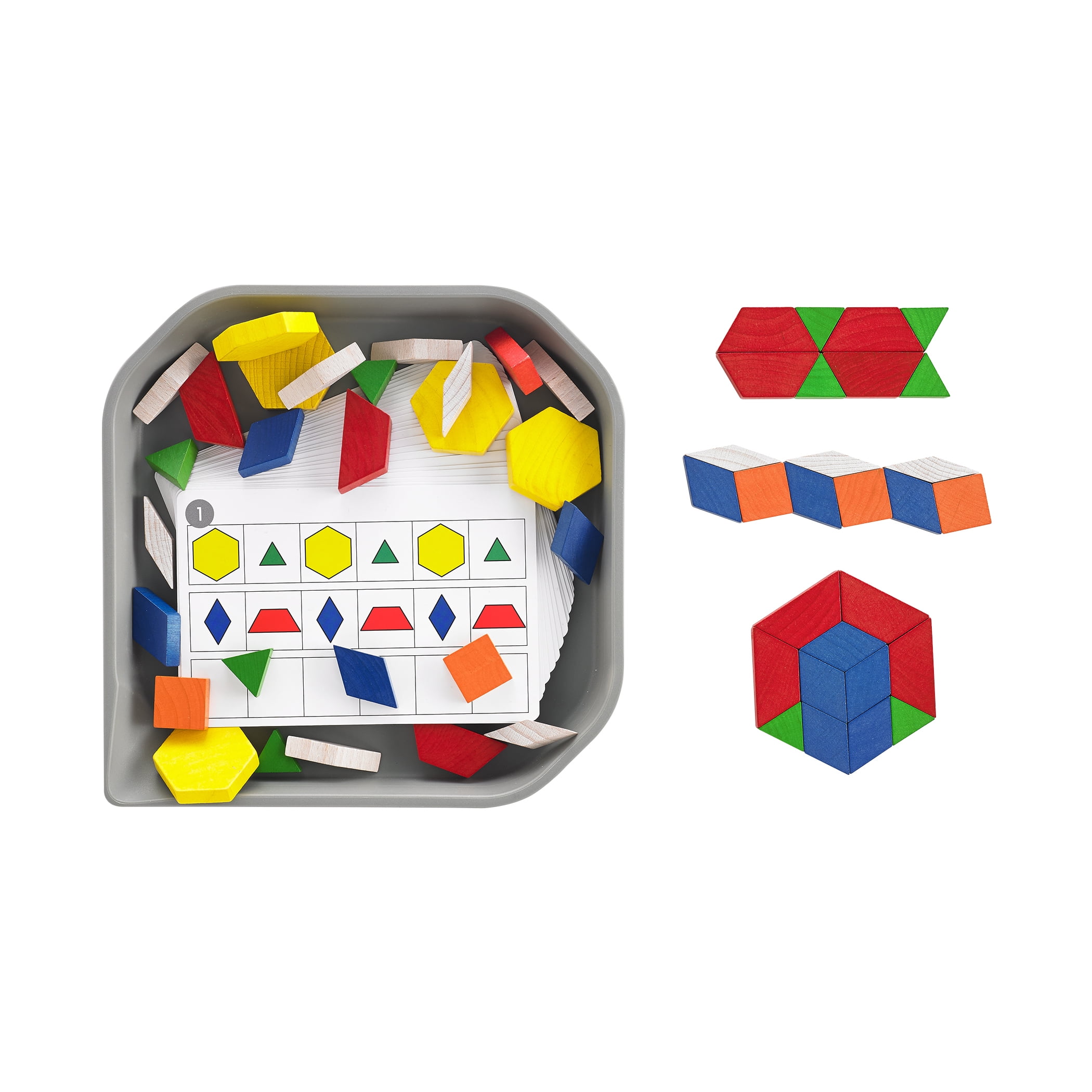 edxeducation FunPlay Pattern Blocks - Set of 60 Wooden Math Manipulatives + 50 Activities + Messy Tray