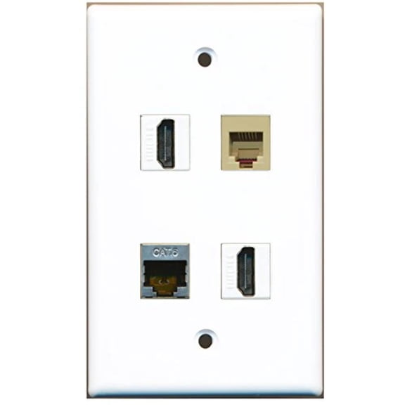 RiteAV - 2 Port HDMI 1 Port Phone RJ11 RJ12 Beige 1 Port Shielded Cat6 Ethernet Wall Plate
