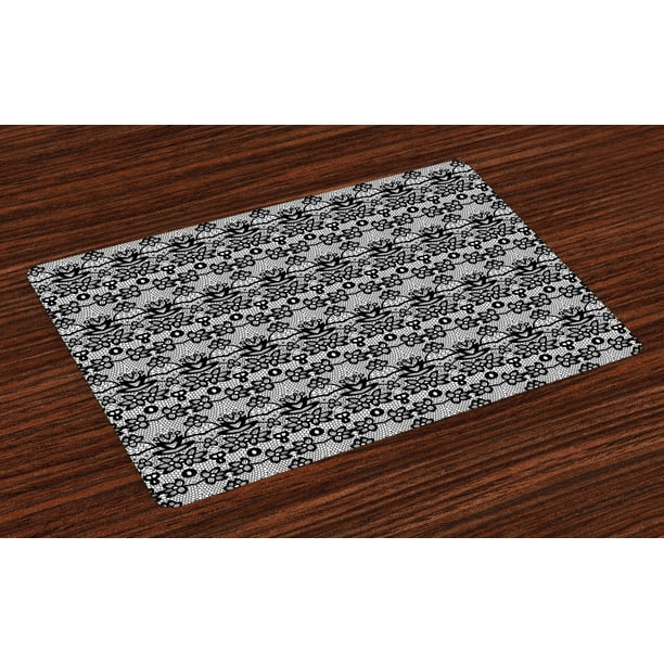 Black and White Placemats Set of 4 Monochrome Lace Pattern with Floral