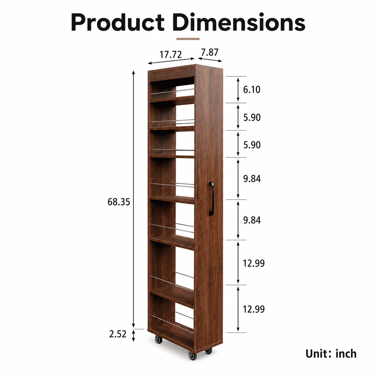 Aukfa 7-Tier Slim Rolling Pantry Cabinet, 70.7" Narrow Pull-Out Kitchen Storage Cart with Handle and Casters,Walnut