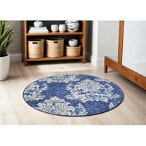 HomeRoots 552412 5 ft. Damask Distressed Round Rug, Navy Blue & Ivory