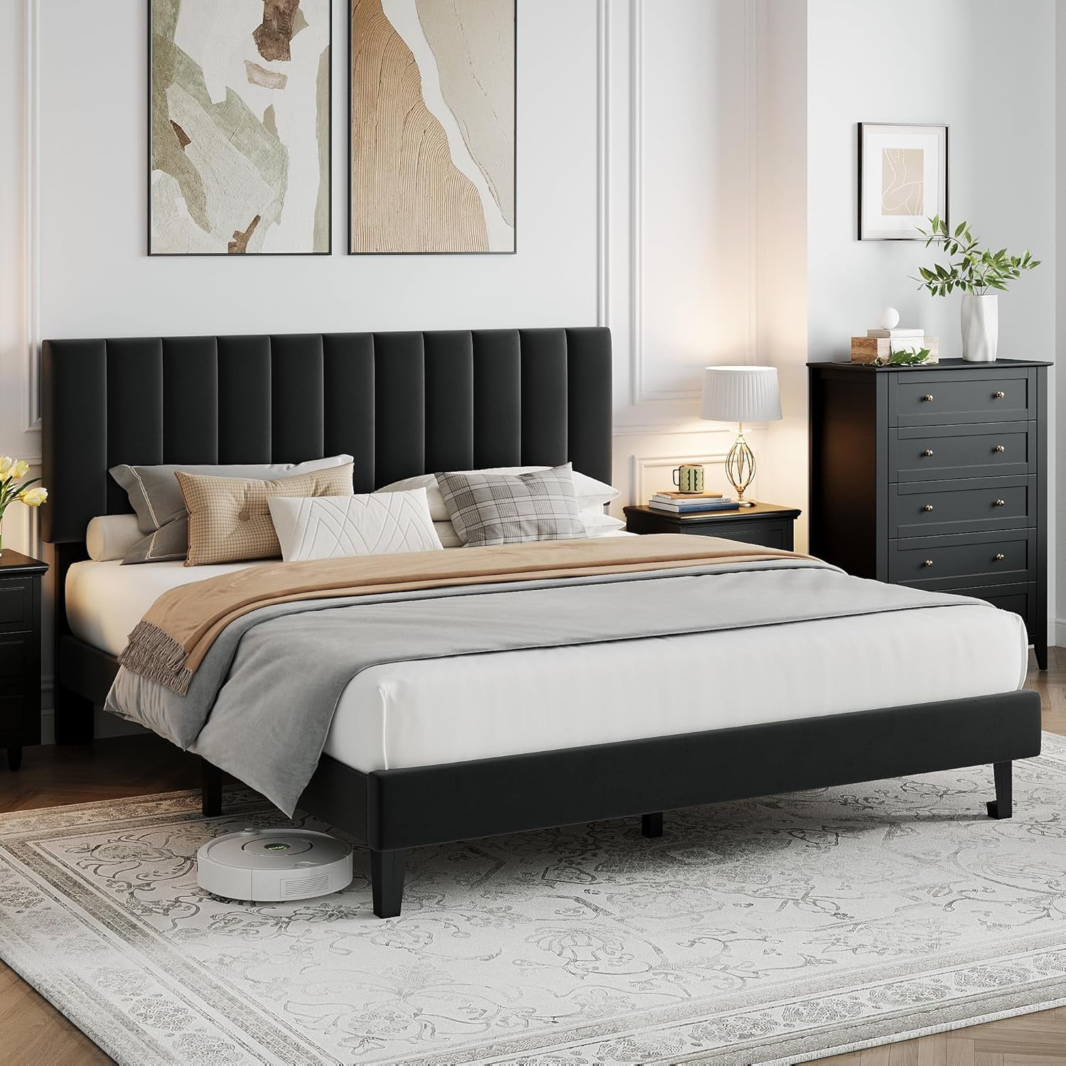Queen Size Bed Frame, Velvet Upholstered Platform Bed with Adjustable Vertical Channel Tufted Headboard, No Box Spring Needed, Easy Assembly, Black