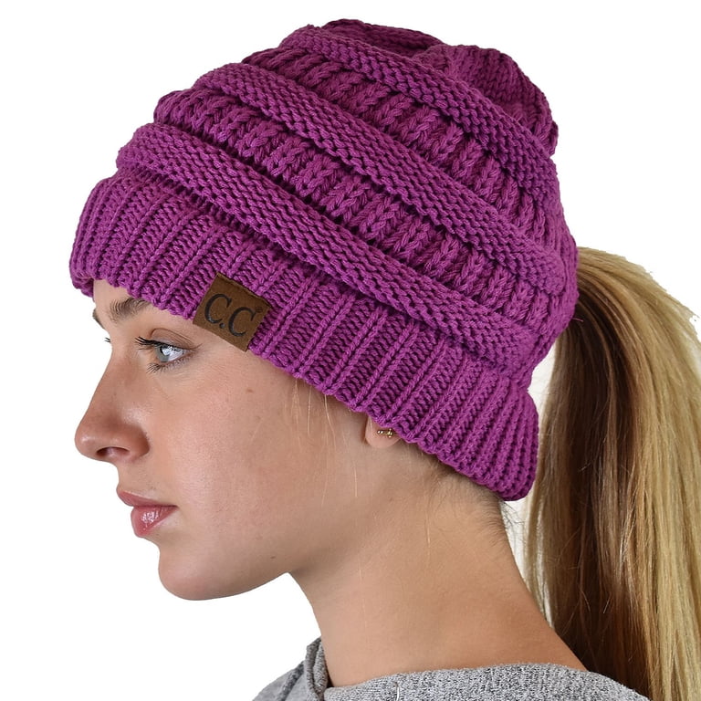 Cable Knit Beanie Hat In Magenta C.C BeanieTail Soft Stretch Cable Knit Messy High Bun  main image 4