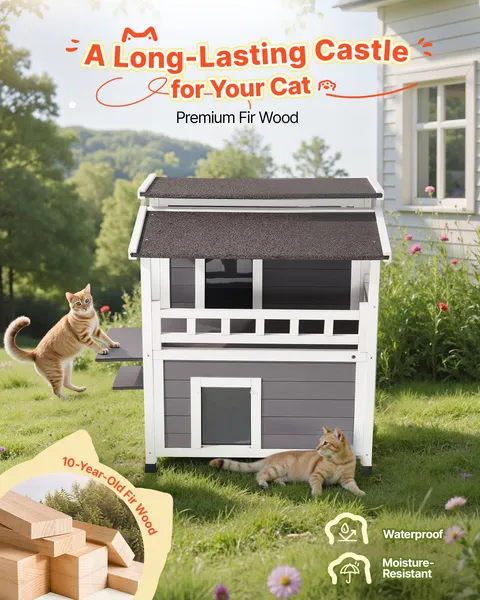 Insulated 2 Story Wooden Cat House with Foam Balcony Waterproof Indoor Outdoor Shelter for 1-3 Cats Winter 33 x 29.5 x 32 in