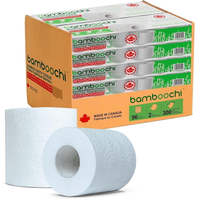 Bamboo Toilet Paper, Septic Safe Toilet Paper 2 Ply 96 Rolls 300 Sheets Per Roll, Soft Unscented Bath Tissue, RV Safe, Eco-Friendly, Non Chlorine, PFAS Free, Proudly Made in Canada