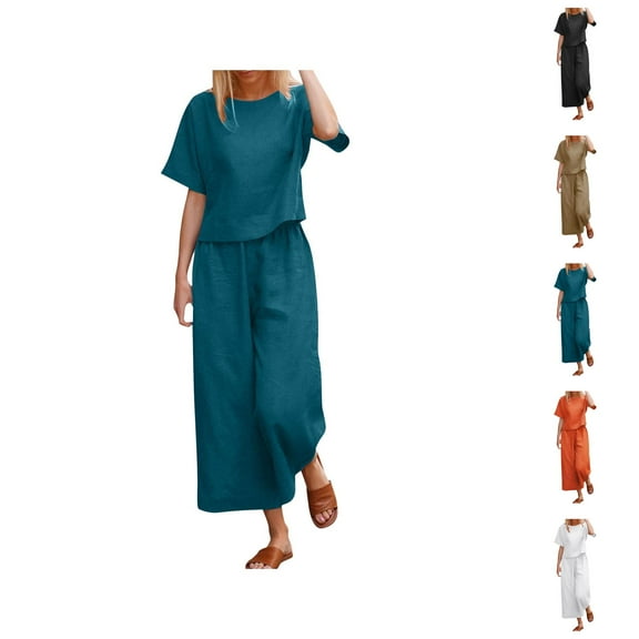 Women's 2 Piece Clothing Summer Casual Short Sleeves Round Neck Crop Top Wide Leg Pants Casual Matching Set Linen Capri Pants Women Summer
