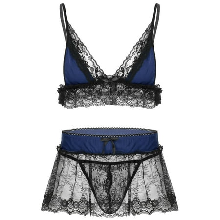 

iEFiEL Mens Lace Lingerie Set Bra Top with Mini Skirt and G-string Briefs