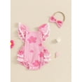 thumbnail image 3 of vera natura Baby Girl 2Pcs Summer Outfits Ruffle Sleeveless Lace Trim Floral Print Romper with Headband Set, 3 of 8