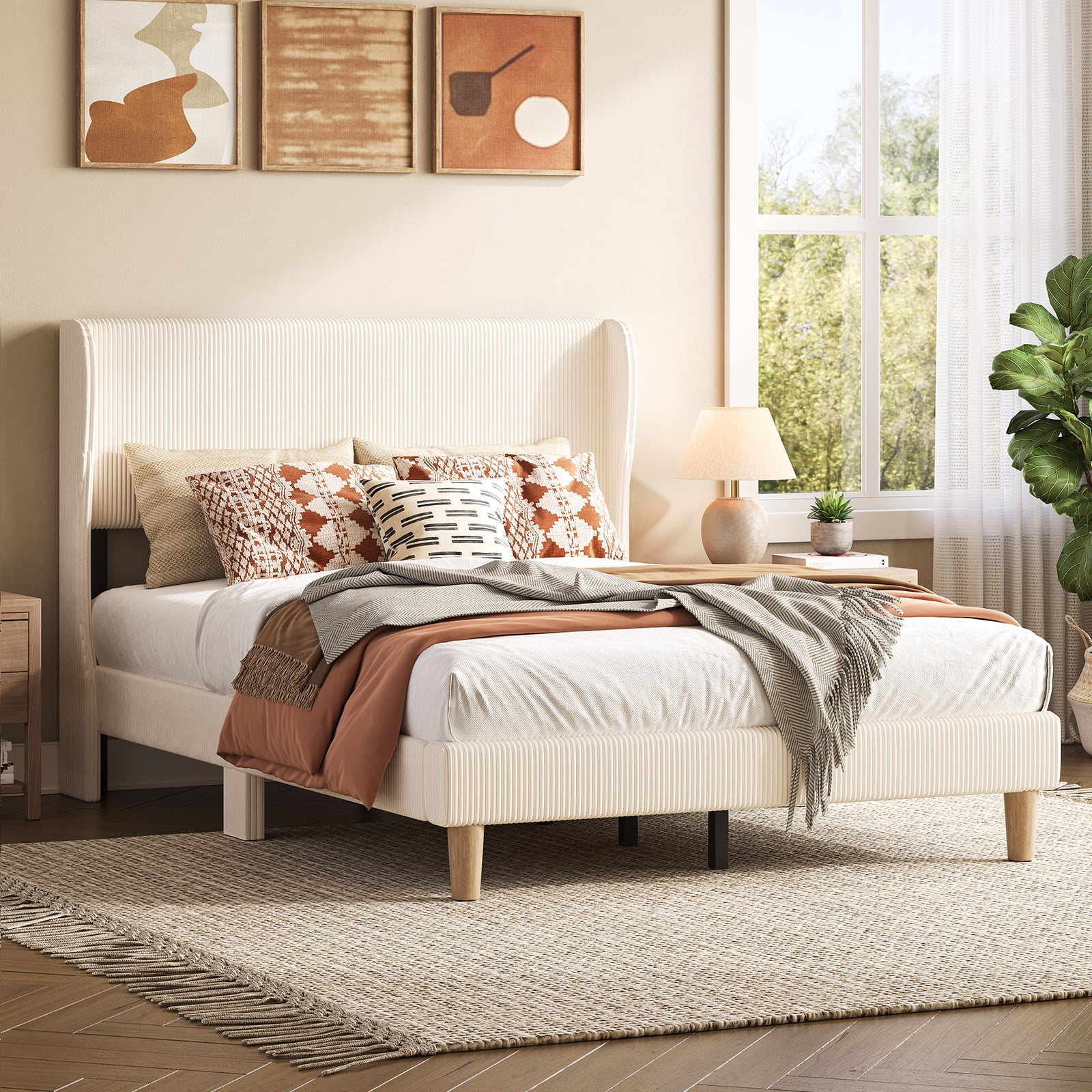 Bestier Full Size Corduroy Bed Frame with Wingback Headboard, Upholstered Platform Bed with Wood Slats, No Box Spring Needed, Beige