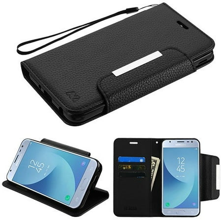 Phone Case For Samsung Galaxy J3 2018, J337, J3 V 3rd Gen, J3 Star, J3 Achieve, Express Prime 3 - Leather Flip Wallet Case Cover Stand Pouch Book Magnetic Buckle with Hand Strap BLACK