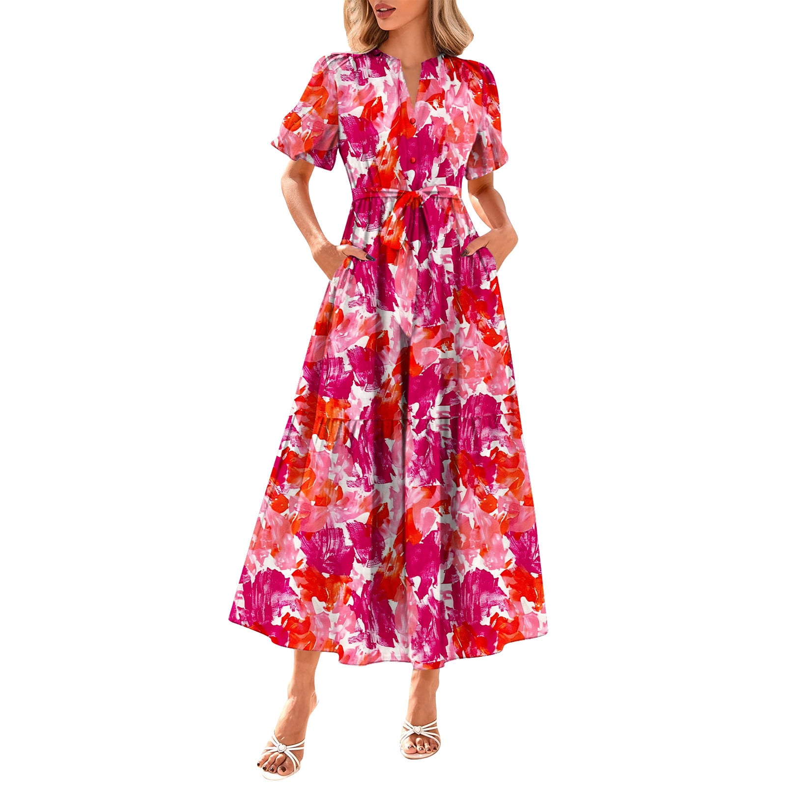 Weiqiqre Spring Dresses for Women 2025 Floral V Neck Puff Sleeve Empire Waist A Line Flowy Long Beach Boho Dress