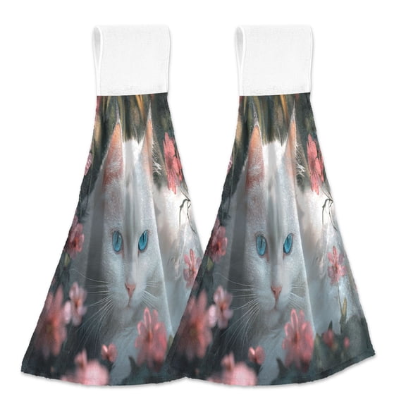 BZSMCE Hanging Hand Towels Fashion White Cat Pattern 2-Pack - Velcro Style Bathroom Kitchen Towels