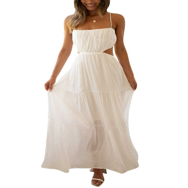Femmes Été Boho Maxi Robes Cravate Sangles Découpées Dos Nu Fluide une Longue Robe de Plage