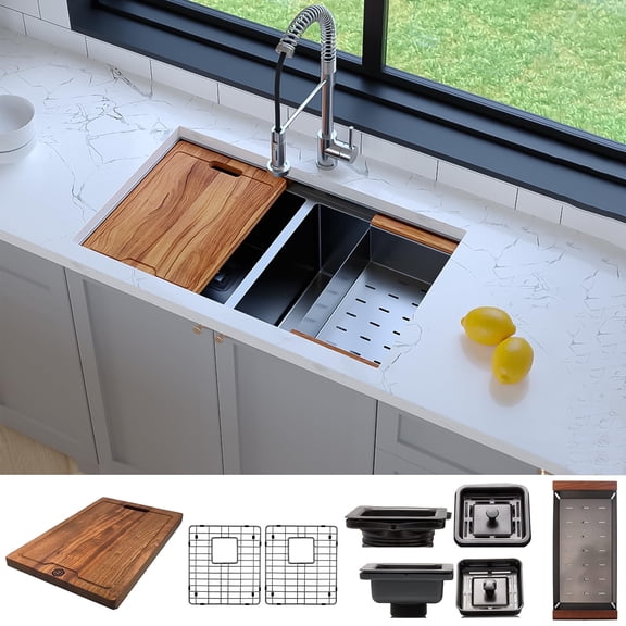 Strictly Sinks 32 Inch Undermount Workstation Black Kitchen Sink– 16 Gauge Double Bowl Kitchen Sink with Bottom Grid, Wooden Cutting Board, Colander, 1 Disposal Adapter & 1 Strainer Drain