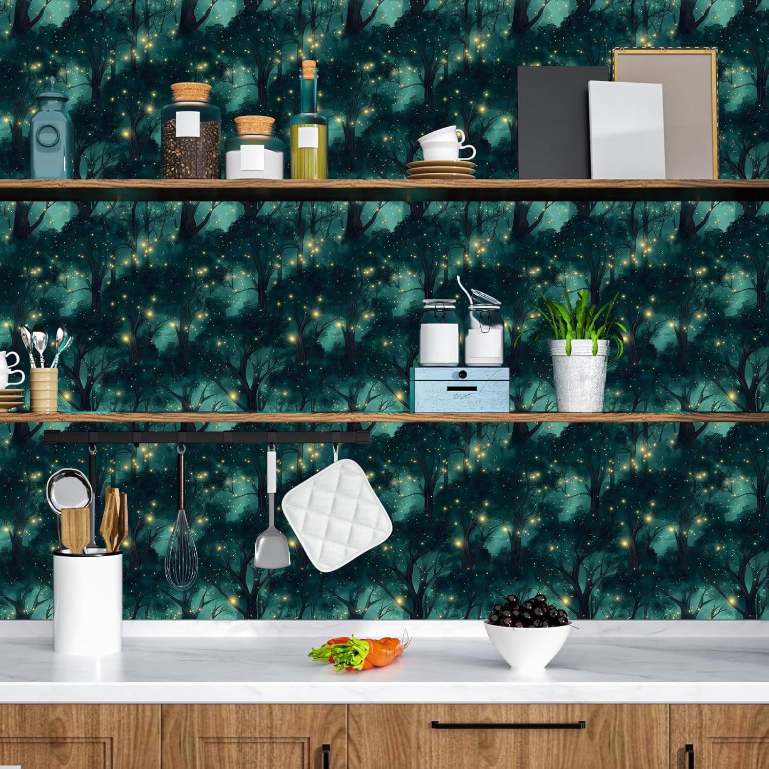 Forest Peel and Stick Wallpaper Vintage Green Leaf Contact Paper Blue Floral Wall Mural Home Vinyl Waterproof Self Adhesive Removable Renter Friendly Wall Paper 17.5" x 118"