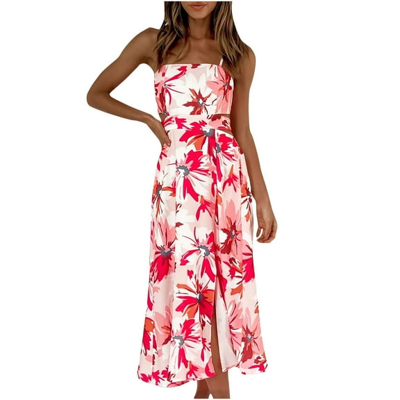 USSUMA Summer Dresses for Women Trendy Strapless Long Flowy Swing Maxi Sleeveless Womens Sun Dresses Plus Tropical Print Off Shoulder Sundress Beach Party Vacation Casual Dress
