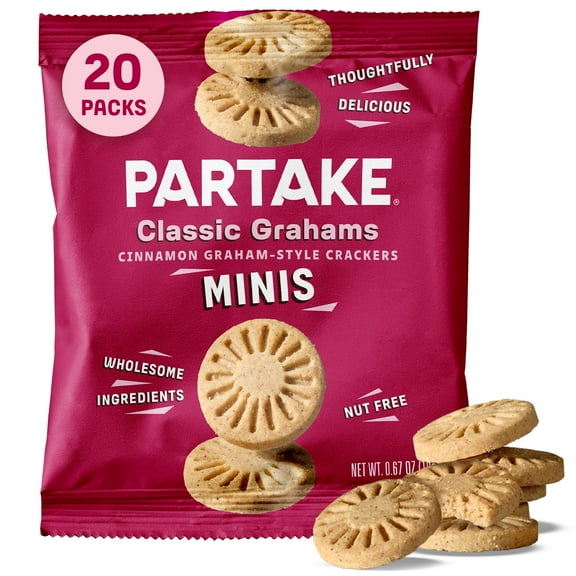 Partake Foods Gluten Free Classic Graham Cracker Minis - Vegan - Free From the Top 9 Allergens Including Dairy, Wheat, Soy, Eggs, & Peanuts - Non GMO - Safe School & Office Snack (20 Packs, 0.67 oz)