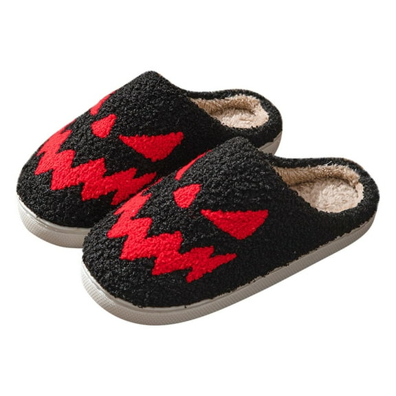 Kilaqueen Halloween Slippers for Women Men Spooky Pumpkin Face Slippers Soft Warm Plush House Indoor Outdoor Slippers Holiday Fuzzy Winter Slides