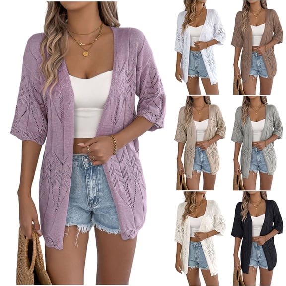 FRSASU Women's Crochet Knit Cardigan Sweaters Short Sleeve Open Front Kimonos Boho Lightweight Cardigans Tops White