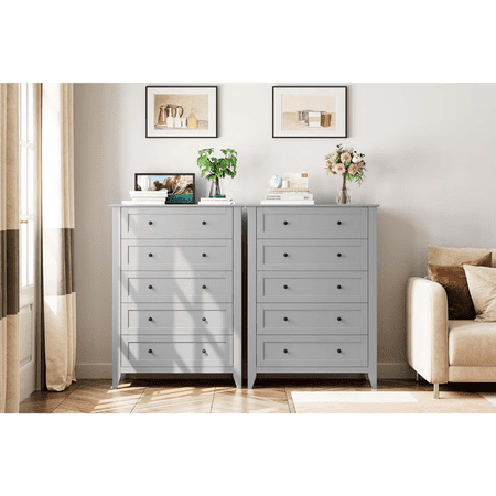 2 Pack Modern 5 Drawers Dresser for Bedroom Tall Wood Chest of Drawers for Clothes Big Storage Dressers Organizer with Gold Handles & Deep Drawers Living Room Closet Hallway