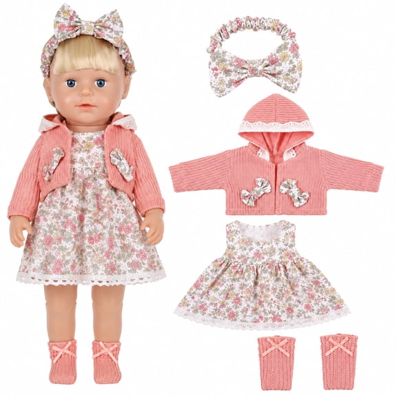 KuKeDi Baby Doll Clothes Set for 18-20 Inch Dolls, Floral Dress, Knit Cardigan, Headband and Leg Warmers, Doll Outfit Accessories