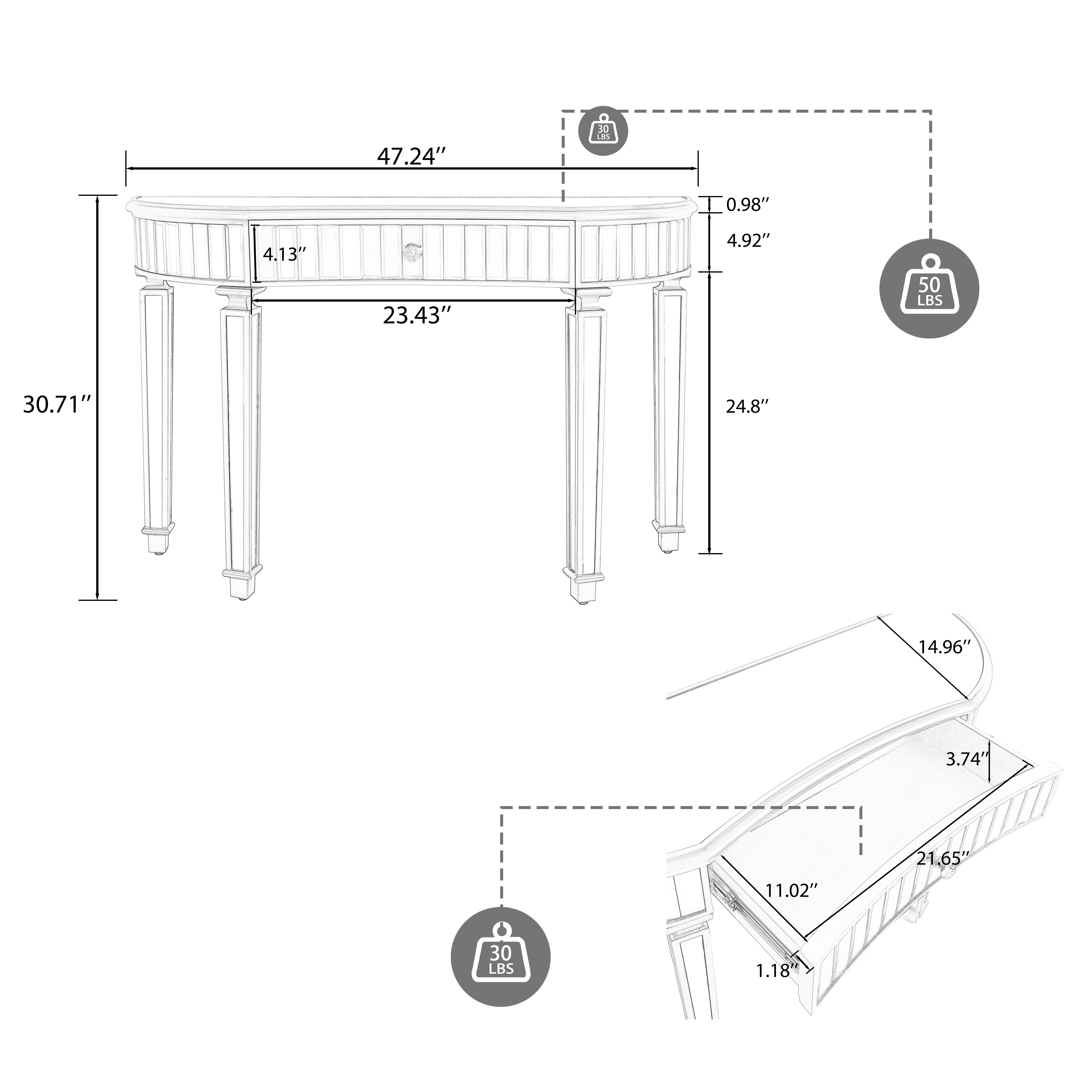 47" Half-Moon Mirrored Console Table Entryway Vanity Desk with Fluted Glass & Crystal Knob Drawer for Bedroom/Dressing Room (Black+Sliver)