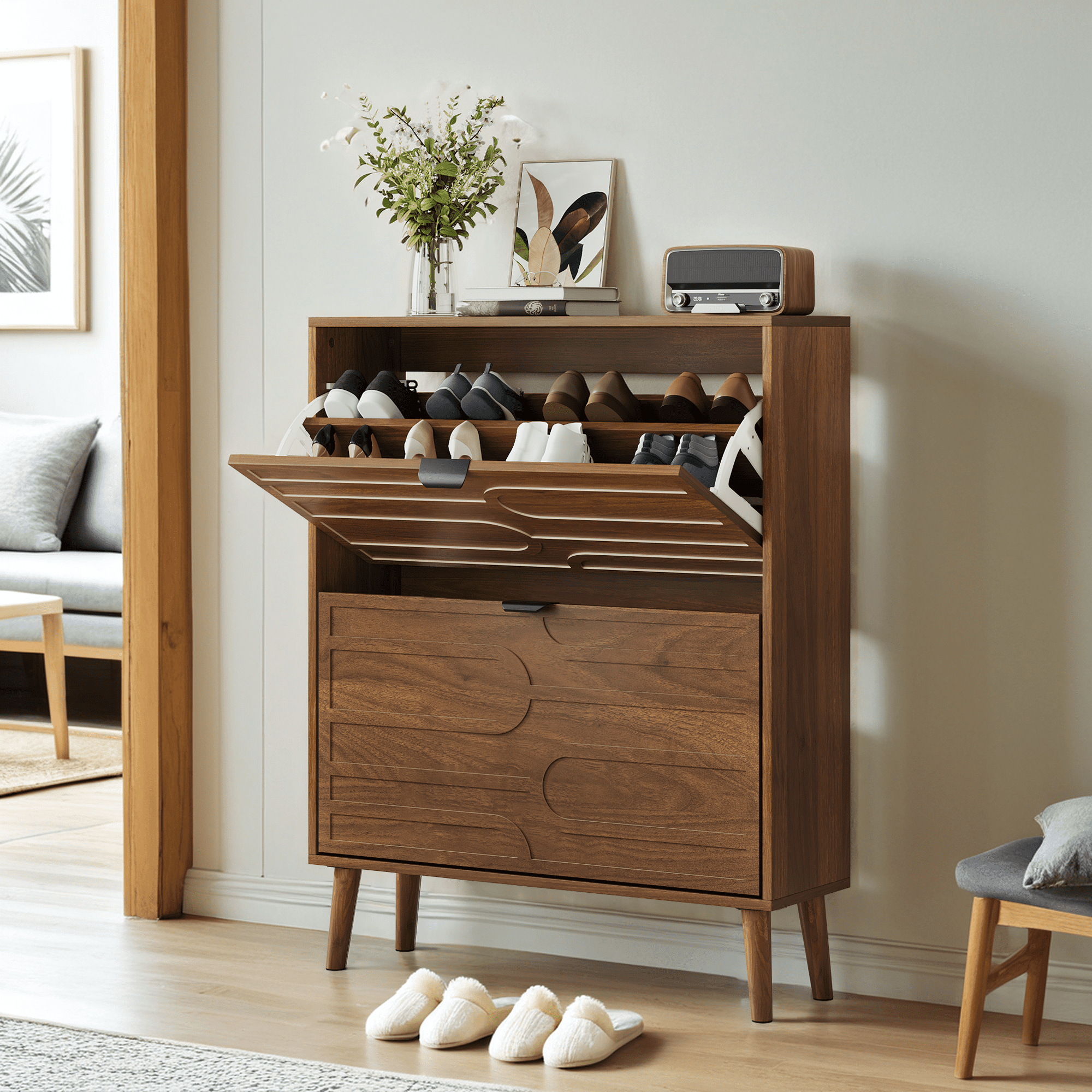 Leumius Medieval Modern Shoe Cabinet with 2 Flip Drawers,Walnut Shoe Storage Cabinet with Adjustable Shelves for Entryway