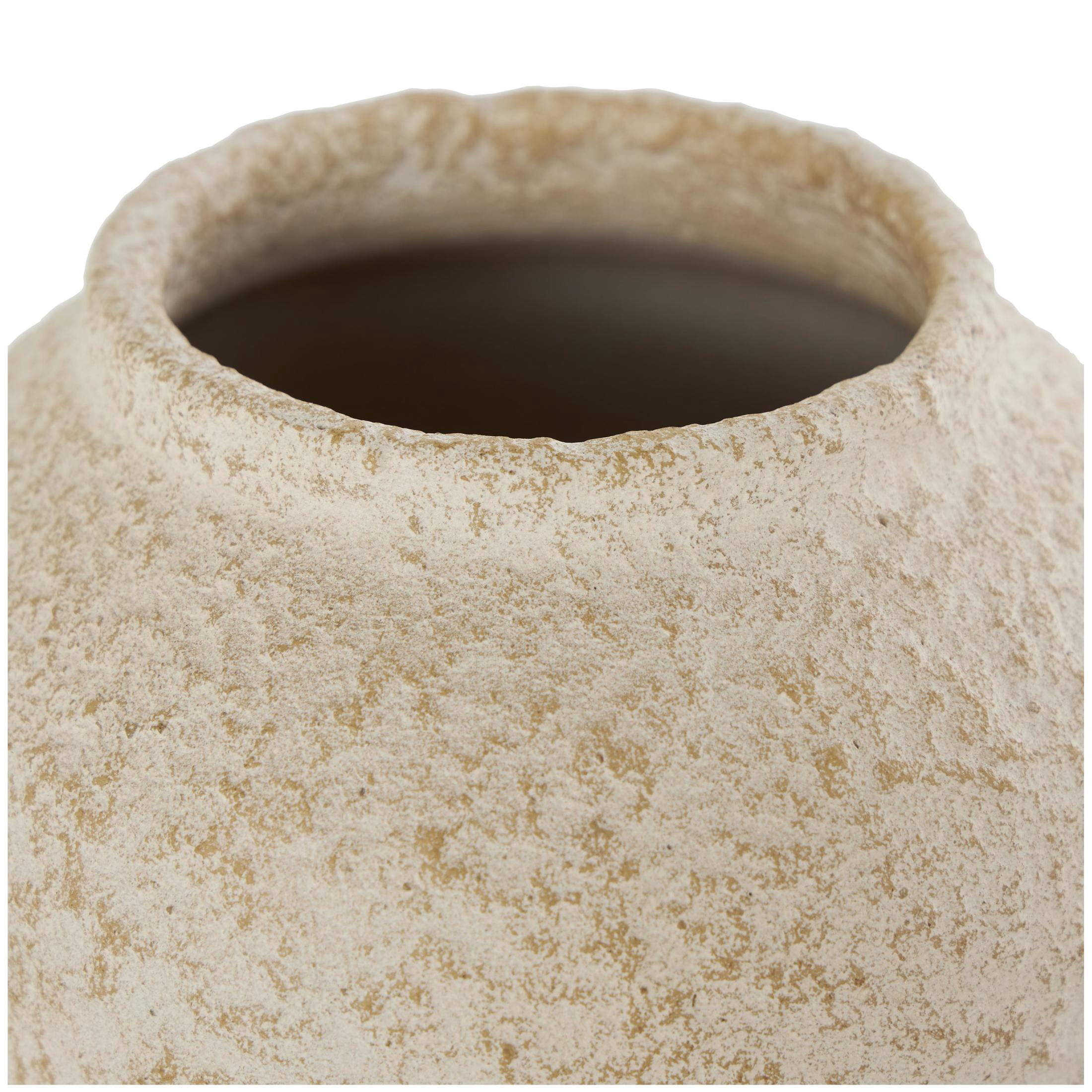 DecMode 12" Hourglass Textured Cream Ceramic Vase with Brown Distressing