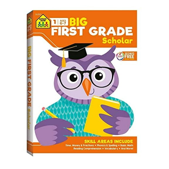 Pre-Owned School Zone- Big First Grade Scholar Workbook-320 pages, Ages 6 to 7, Time, Money & Fractions, Phonics & Spelling, basic Math, Reading Comprehension, Vocabulary, and more Paperback