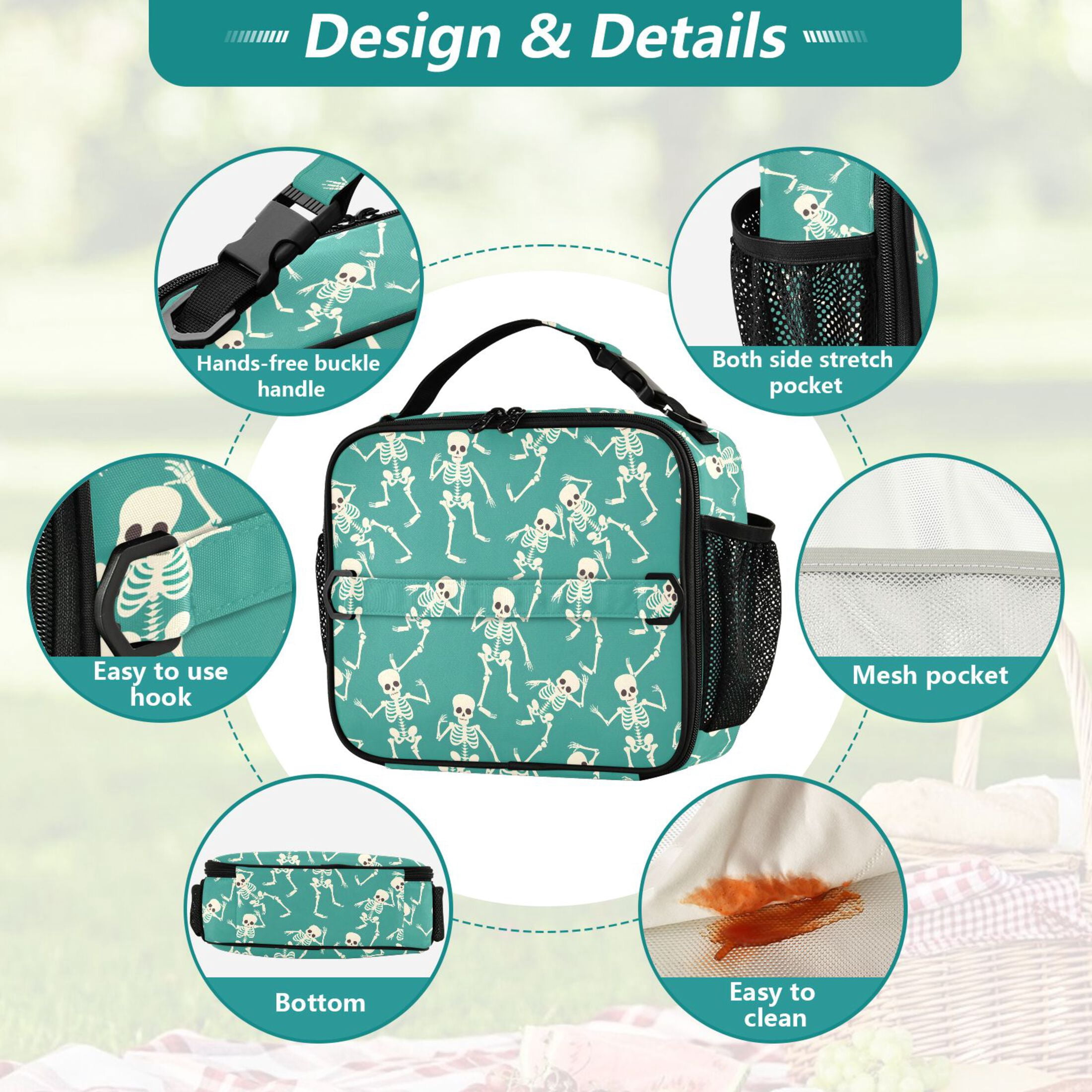 ALAZA Skeleton Dancing Skull Lunch Box Insulated Lunch Bag Cooler Tote with Shoulder Strap