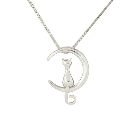 Silver Plated Cat - Wrapables® 925 Sterling Silver Plated Cat and Moon Pendant Necklace