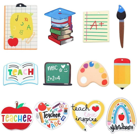 1 Box 24Pcs 12 Styles Acrylic Teacher Charms Back to School Charms Bulk Large Apples Pens Books Appreciation Teachers Charms for Jewelry Making Charms Diy Earrings Necklaces Bracelets Women