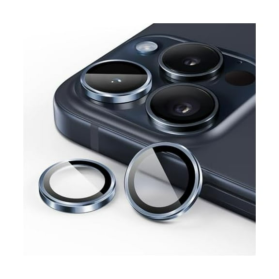 Camera Lens Protector for iPhone 15 Pro 6.1-Inch and iPhone 15 Pro Max 6.7-Inch, 9H Tempered Glass Metal Individual Ring Cover, HD Clear, 1 Set (Blue)
