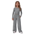 thumbnail image 4 of UACY Girl's 2 Piece Matching Lounge Set Long Sleeve Side Ruching Top Wide Leg Drawstring Pants Set with Pockets, 4 of 9