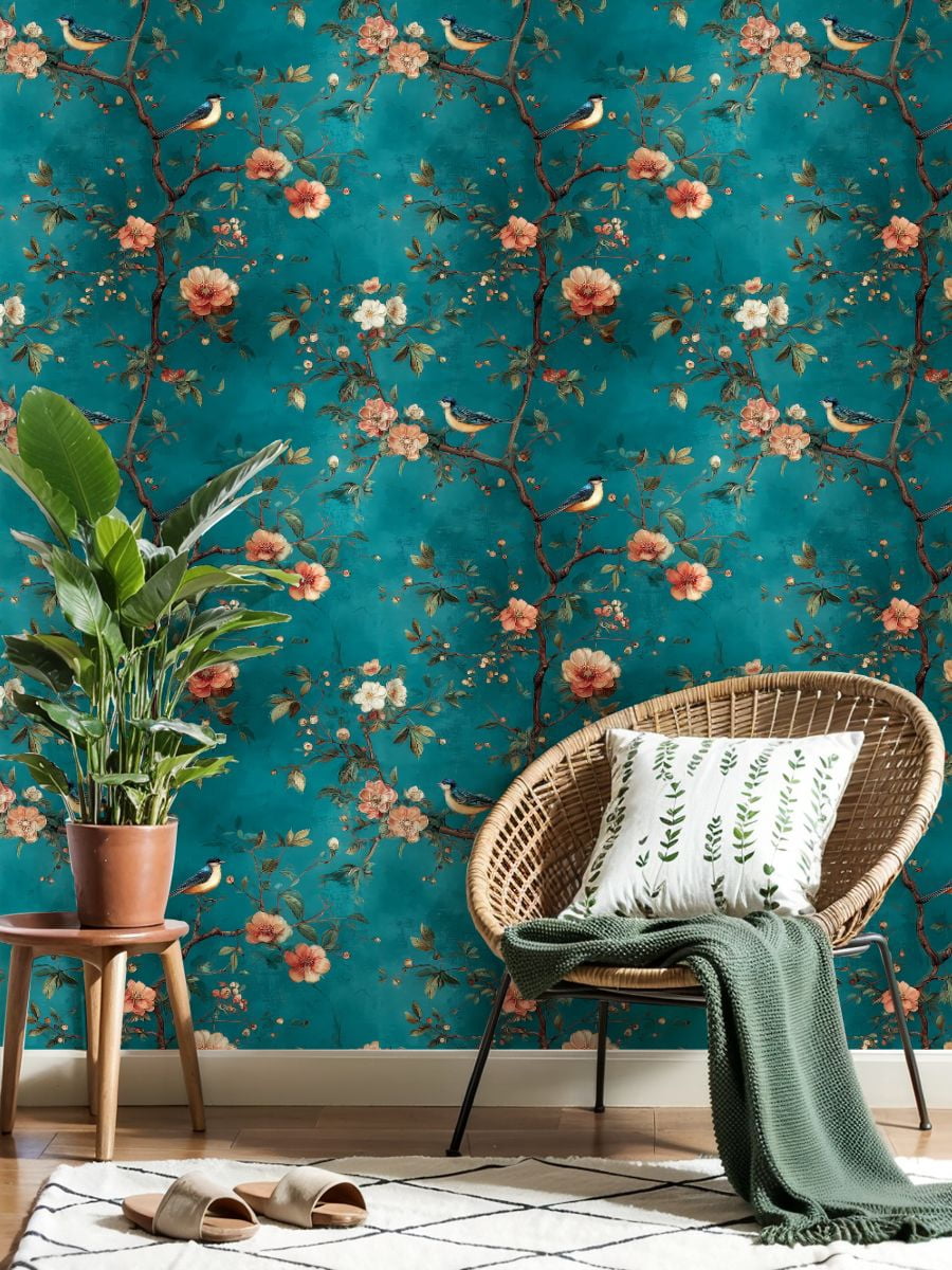 Peel and Stick Wallpaper Bluebirds Floral Branches Teal Vintage Floral Wall Mural 17.7in x 9.8ft Self Adhesive Removable Wall Paper Renter Friendly Wallpaper for Nursery Bedroom Cabinets