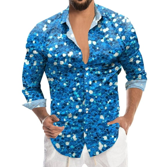 Hpapadks Shirts for Men Long Sleeve Carnival Sequin Digital 3D Print Lapel Button Down Top Loose Dress Shirts for Men Blue L