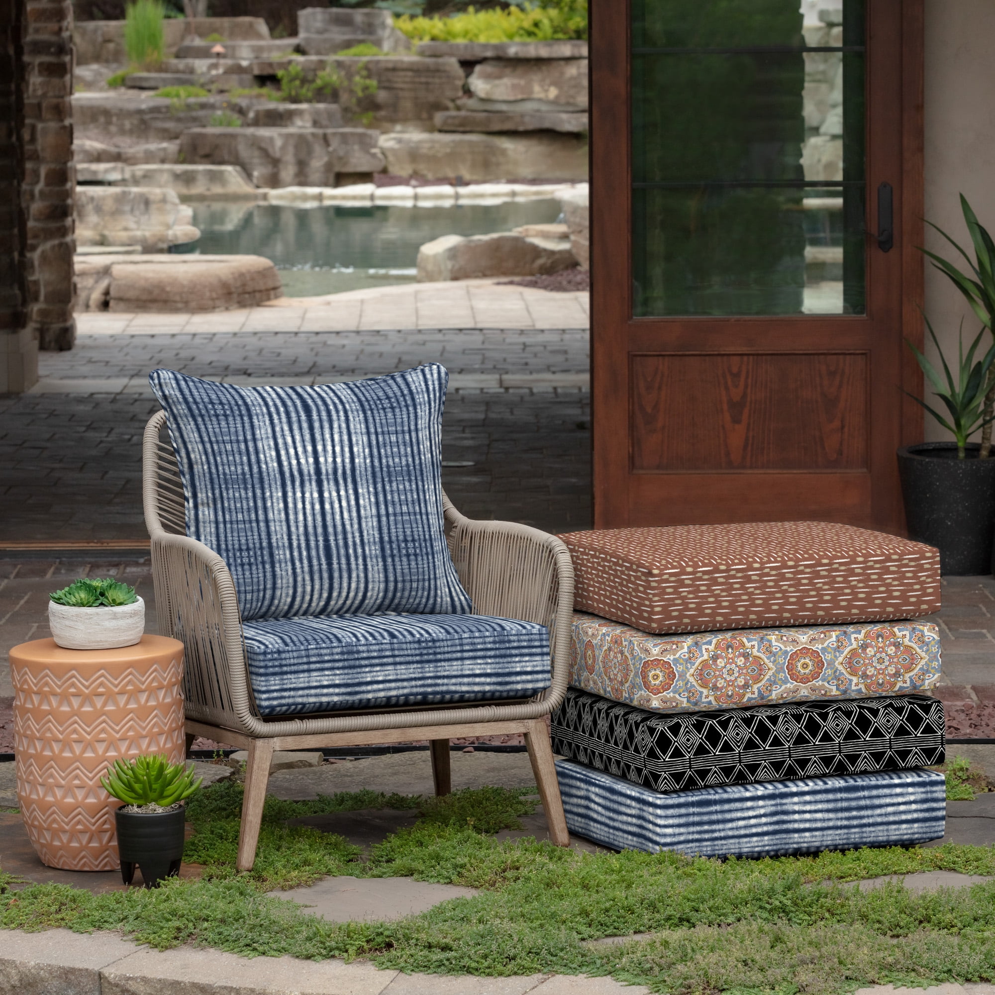 ARDEN Outdoor Deep Seat Cushion Set (2-Pack), 24 in x 24 in, Weather-Proof, Rain-Proof, Fade Resistant Patio Cushion for Chair, Sofa, and Couch Blue Shibori Stripe