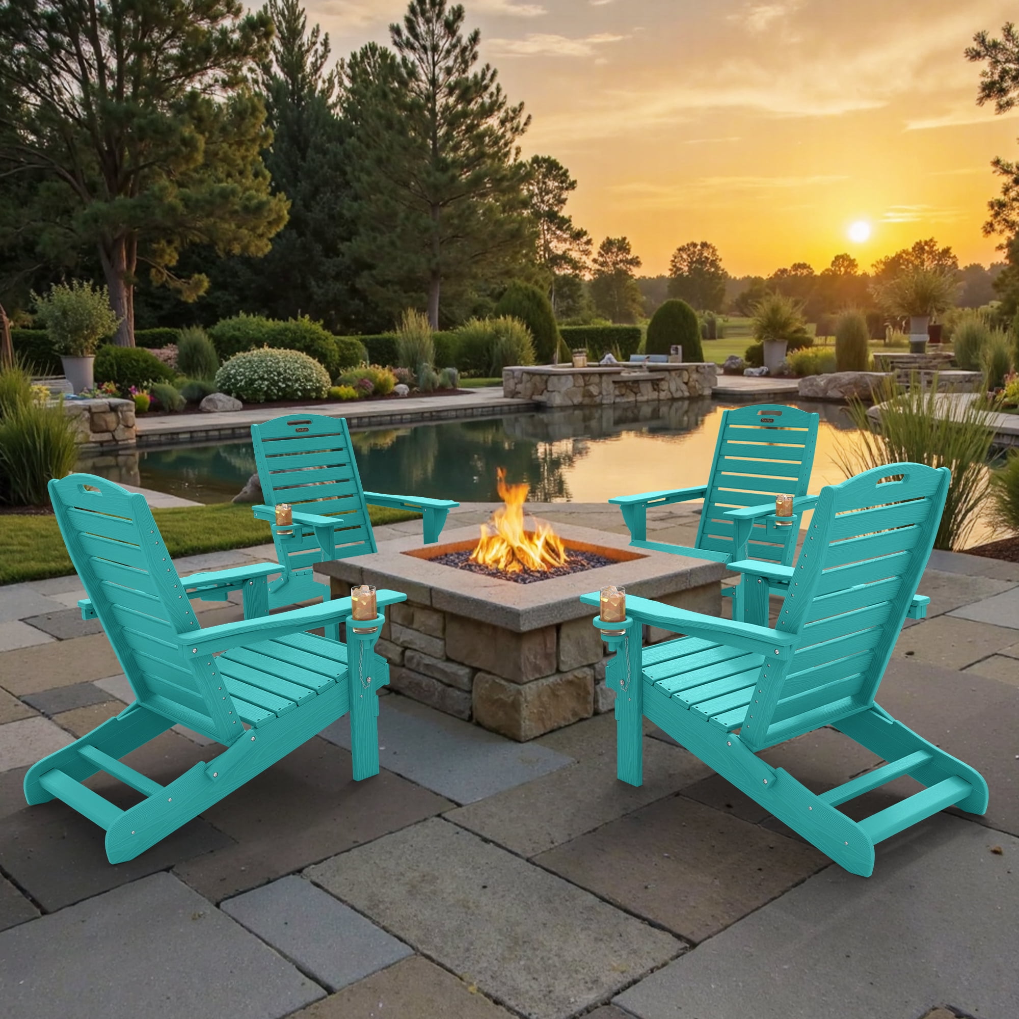 Folding HDPE Adirondack Chairs, Set of 2 Weather Resistant Outdoor Patio Chairs, Aqua