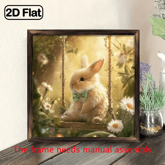 2D Flat 1pc, Rabbit Swinging in the Garden Rustic Farmhouse Wood Framed Sign, Vintage Wall Art for Bedroom, Kitchen, Bathroom, Office, and Living Room, Perfect for Home Decor or Housewarming Gift