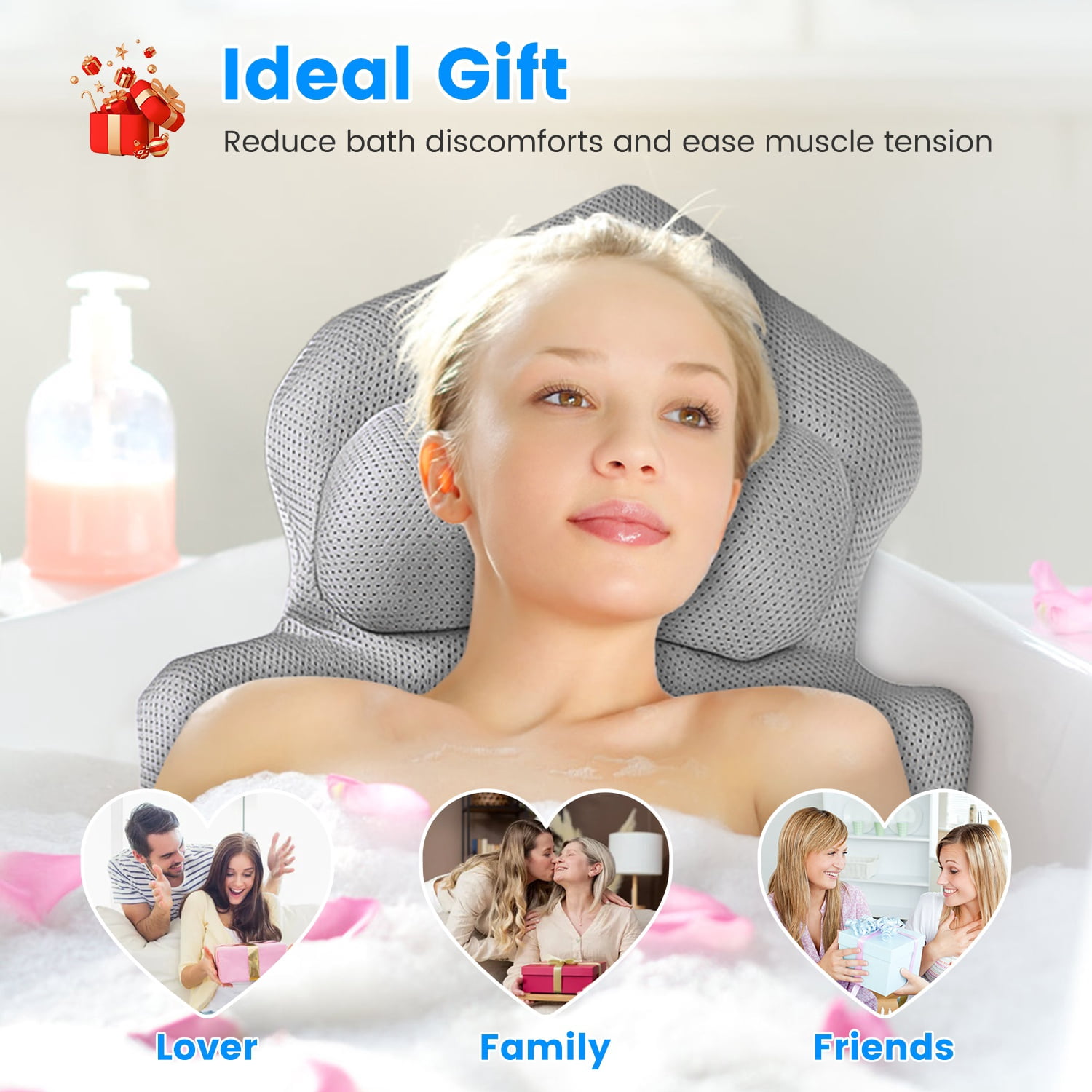 Full Body Bathtub Pillow with Lumbar Support, 4D Honeycomb Mesh Bath Cushion with 192 Suction Cups, Non-Slip Washable Spa Bath Pillow with Hanging Hook