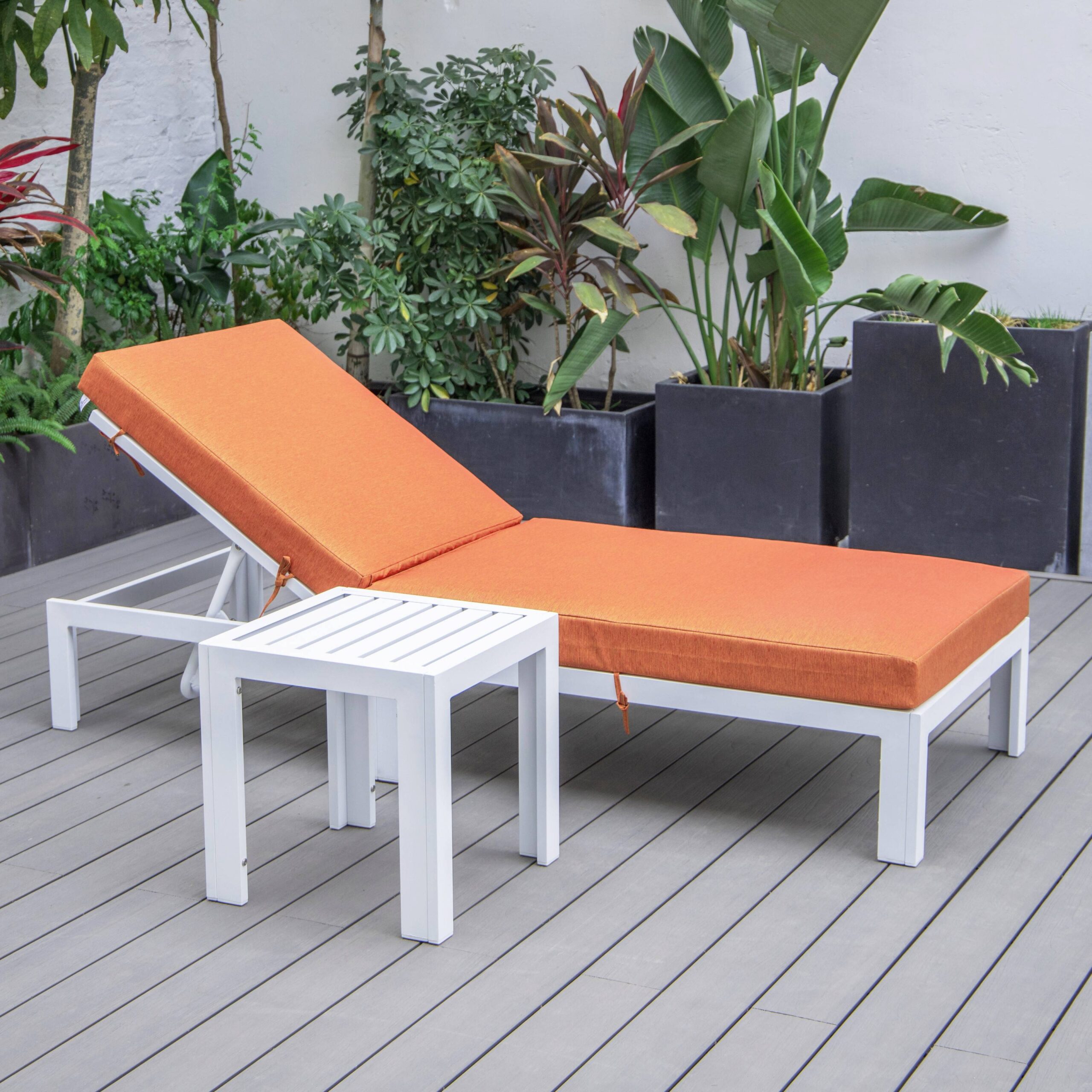 LeisureMod Chelsea Modern White Aluminum Outdoor Chaise Lounge Chair With Side Table & Orange Cushions - image 4 of 13