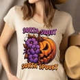 thumbnail image 4 of Women's Halloween T-Shirt, "Sorta Sweet Sorta Spooky" Pumpkin & Flowers Graphic Tee, Gold, Size 2XL, 4 of 6