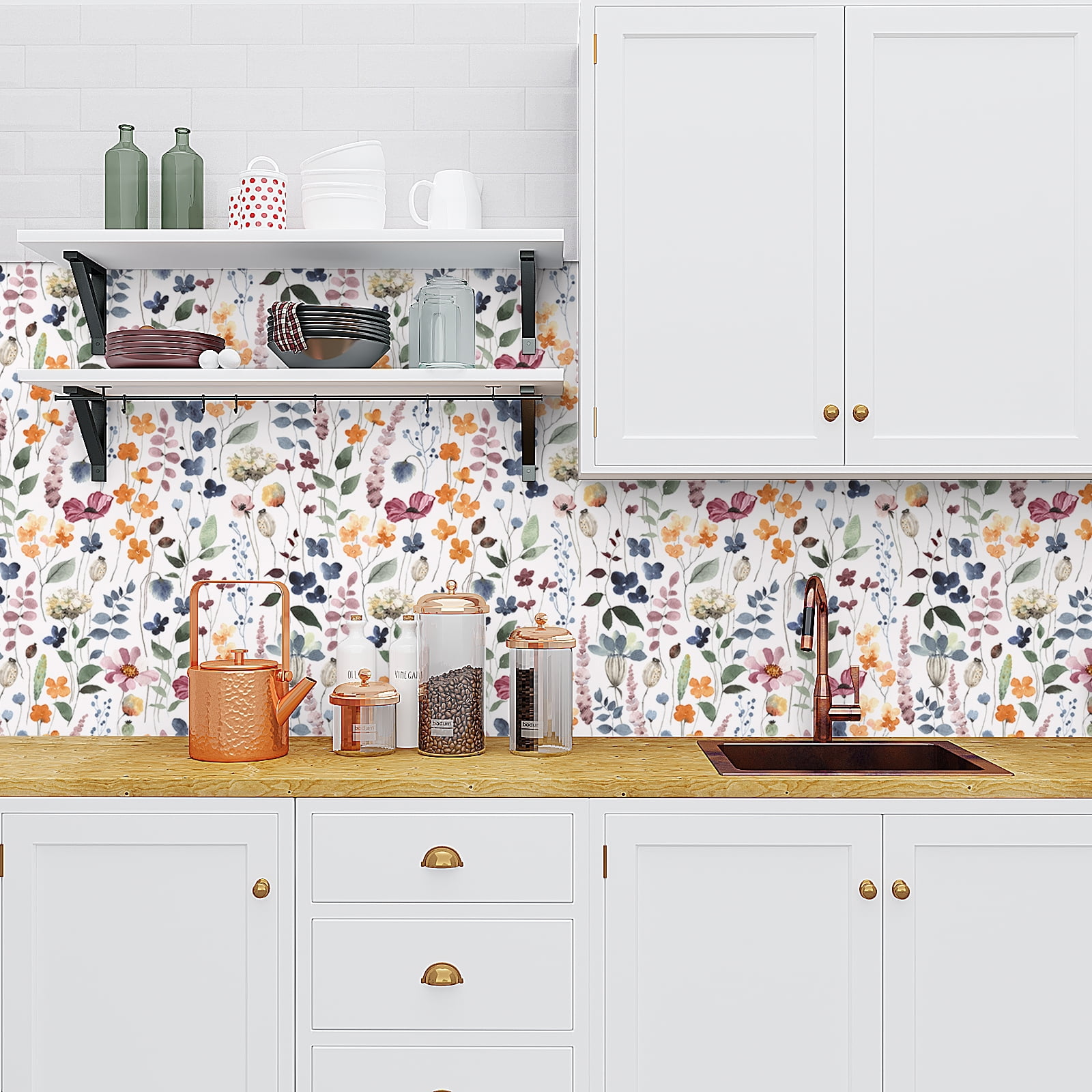 VEELIKE Peel and Stick Floral Wallpaper 17.7''x354'' Rustic Pressed Leaves Vintage Floral Contact Paper for Walls Cabinets Shelves Drawers Removable Wallpaper Floral Mural for Bathroom Bedroom Nursery