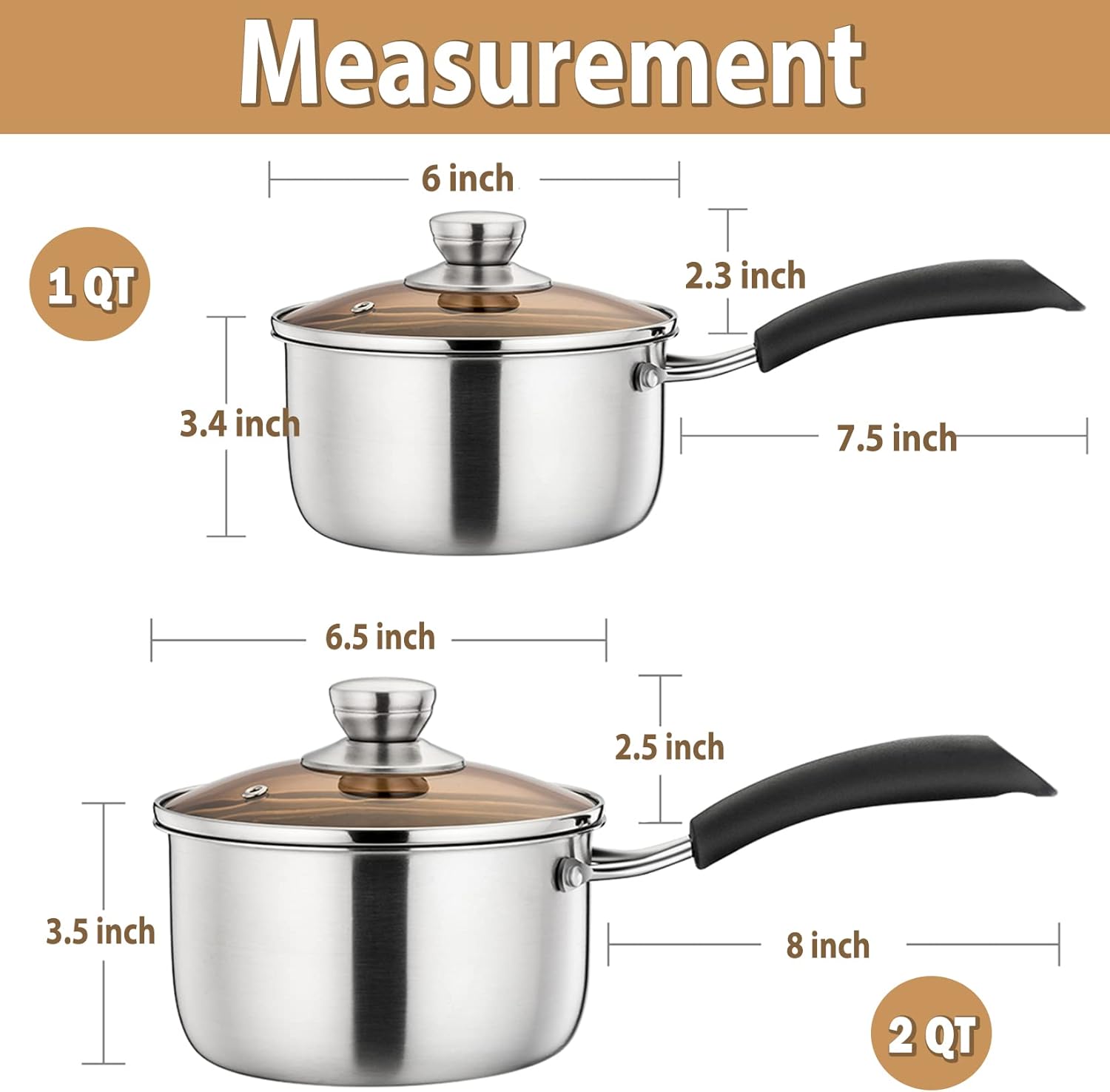Walchoice Stainless Steel Saucepan Set with Glass Lids (2-Piece) photo 6