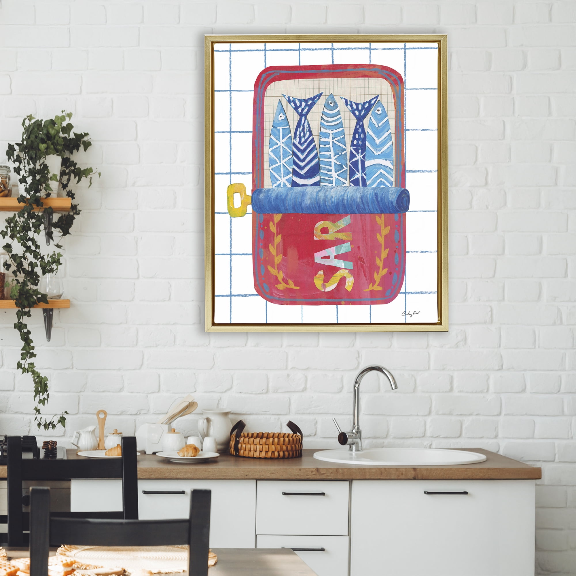 Stupell Industries Silly Sardines Red Tin Gold Framed Floater Canvas Wall Art, design by Courtney Prahl