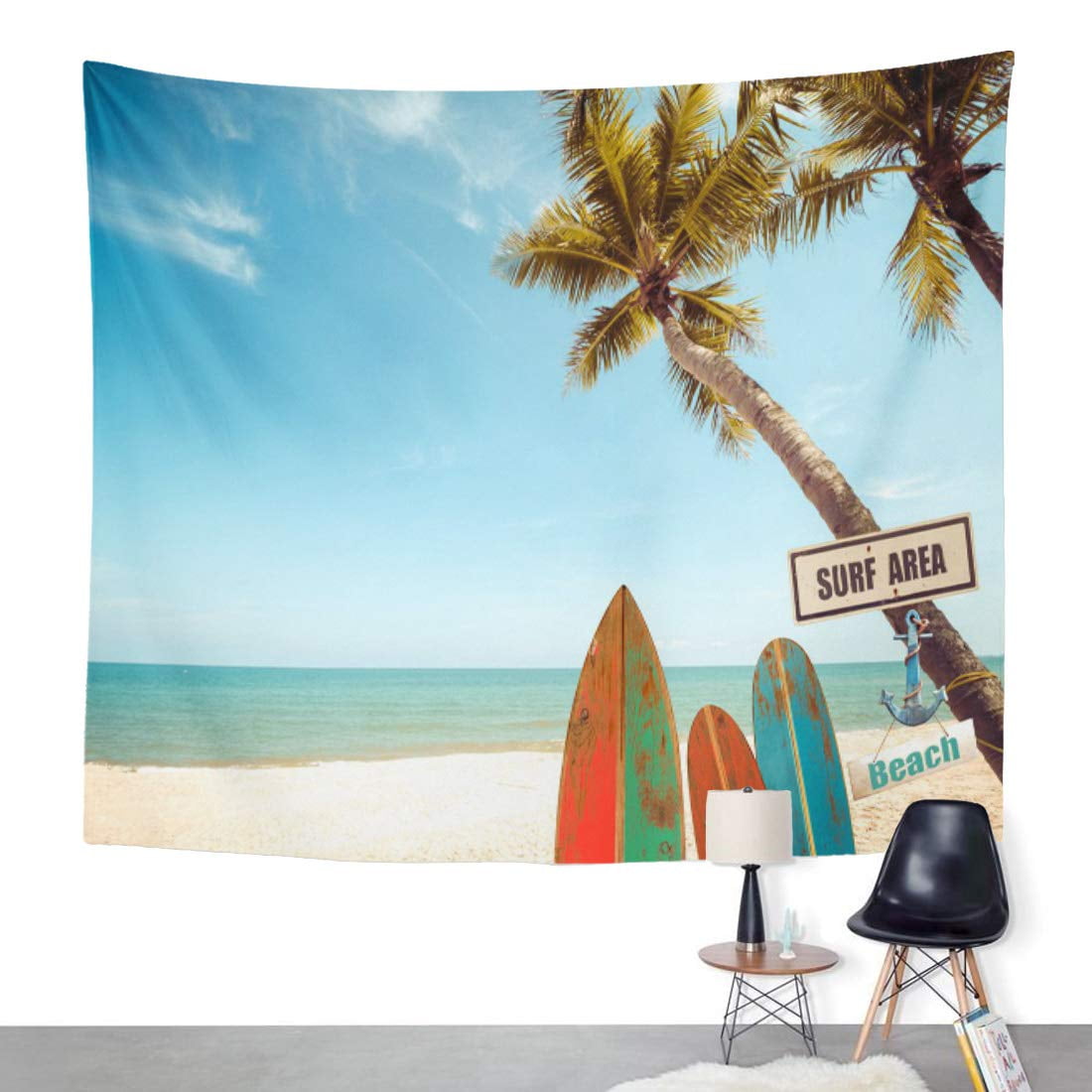 Window Tropical Beach Palm Tree TAPESTRY 60x80" Hanging Fabric Wall Decor Art 