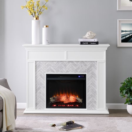 Sei Torlinly Contemporary style Marble Tiled Electric Fireplace in White W/ white and gray marble finish